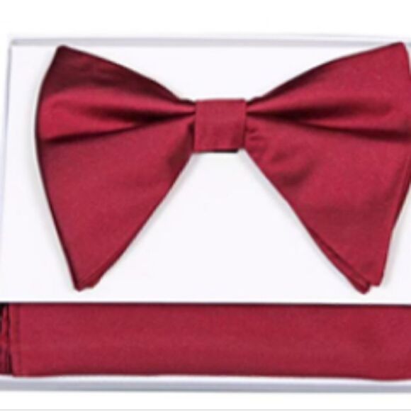 MEN'S MILANO MODA BURGUNDY OVERSIZED TEARDROP BOW TIE AND POCKET SQUARE. BT06. - Picture 2 of 2
